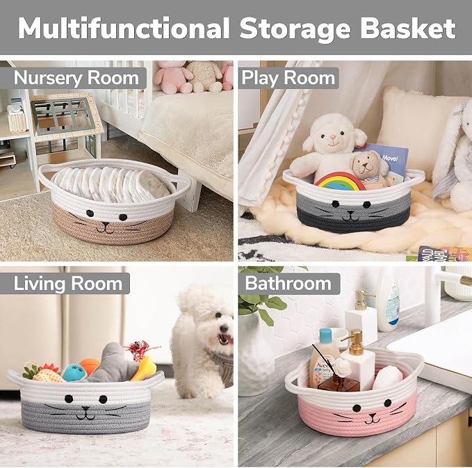 Small Woven Rope Cat Toy Basket with Cat Face Design, White Grey | 9.8" x 4" Cute Cat Basket for Living Room, Decorative Baby Storage Basket, Pet Gift Basket Empty with Sturdy Handles