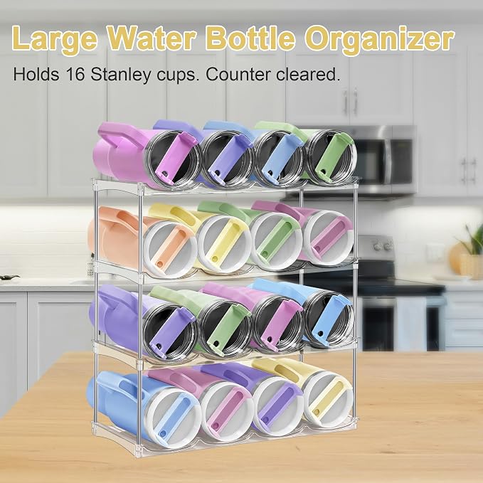 Spaclear Water Bottle Organizer - Stackable Water Bottle Holder for Cabinet, Large Compartment Tumbler Organizer Wine Racks, Kitchen Organization and Storage for Stanley Cup Holder, 4 Tier Hold 16