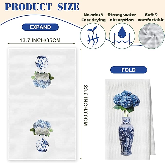 Kitchen Towels Set of 2, Blue and White Porcelain Chinoiserie Dish Towel for Kitchen Bathroom, Hydrangea Decorative Hand Towels, Fast Drying Tea Towel, Housewarming Gifts for Women Mom -09