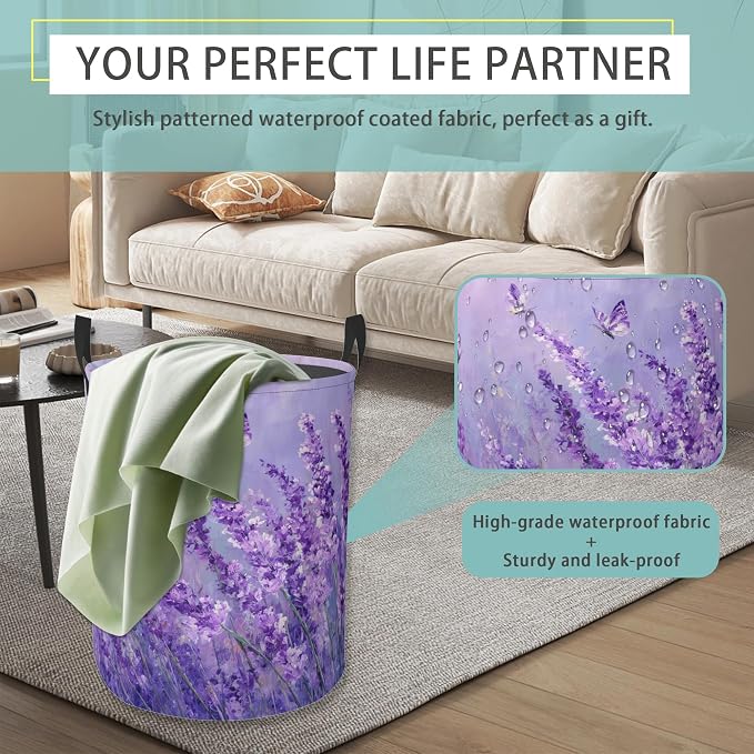 Purple Lavender Round Laundry Basket Collapsible Laundry Hamper with Handles Toys Clothes Organizer Bin For Home Bathroom Bedroom Dorm Nursery
