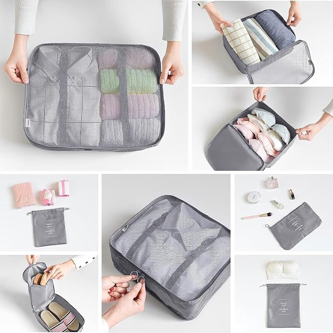 LANSKLBD 6/8 Set Packing Cubes for Suitcases Travel Luggage Packing Organizers,Travel Accessories Essentials Luggage Organizer with Shoe/Tioletry/Laundry Bag (Grey, 8 set)