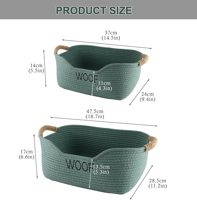 2 Pack Dog Toy Baskets,Pet Rope Basket for Dog Cat Toys,Dog Toy Bin with Handles,Woof Puppy Toy Storage Basket,Puppy Bed,Dog Stuff Organizer for Toys,Collar,Leash,Nursing Supplies-Green
