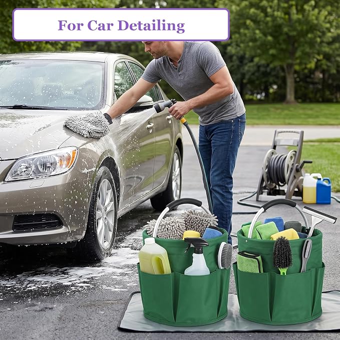 2-Pack Cleaning Supply Caddy with 6 Side Pockets, 17L Foldable Bucket Organizer Storage Tote with Handle, 600D Oxford Tool Bag for House, Dorm, Garden, Bathroom, Green