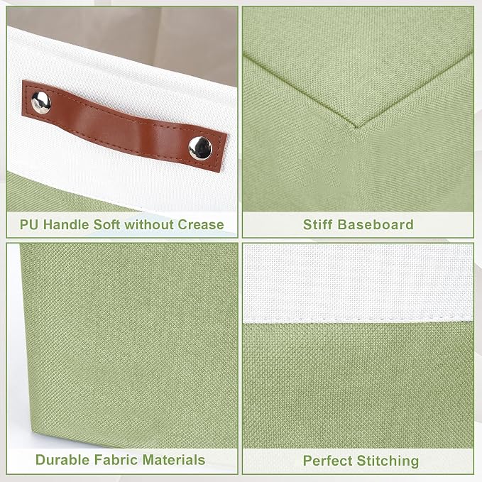 Bagnizer Storage Bins Large Fabric Storage Baskets for Shelves 3 Pack, Decorative Linen Closet Baskets with Handles for Organizing, Shelf, Clothes, Home, Office, 15x11x9.5Inches (Green&White)
