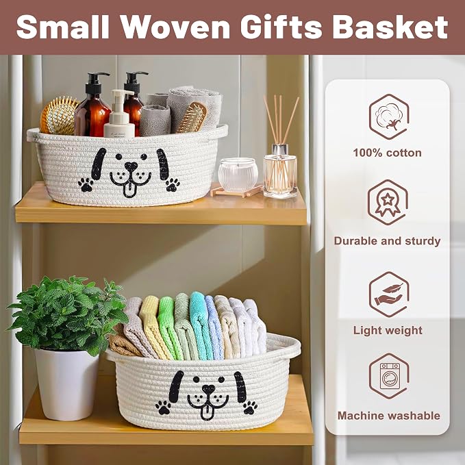 Bufims Small Woven Dog Gifts Basket for Storage Empty Dog Toy Bins Organizer with Ribbons and Bags Durable Cute Pet Gifts 12"X 8" X 5" Small Rope Basket for Gifting