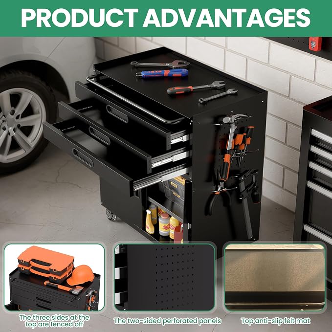 Garage Storage Cabinet, Metal Rolling Tool Cabinet with 2 Pegboard and 10 Hook, Heavy Duty Mechanics Tool Chest Storage for Workshop, Basement, Warehouse, Include Workbench Liner, Black