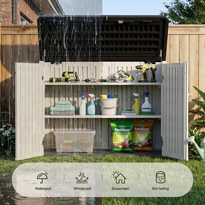 31 Cu.Ft Resin Outdoor Storage Cabinet with 2 Shelves & Floor, Weatherproof Plastic Vertical Outdoor Storage Shed for Garden Backyard Patio Pool Tool