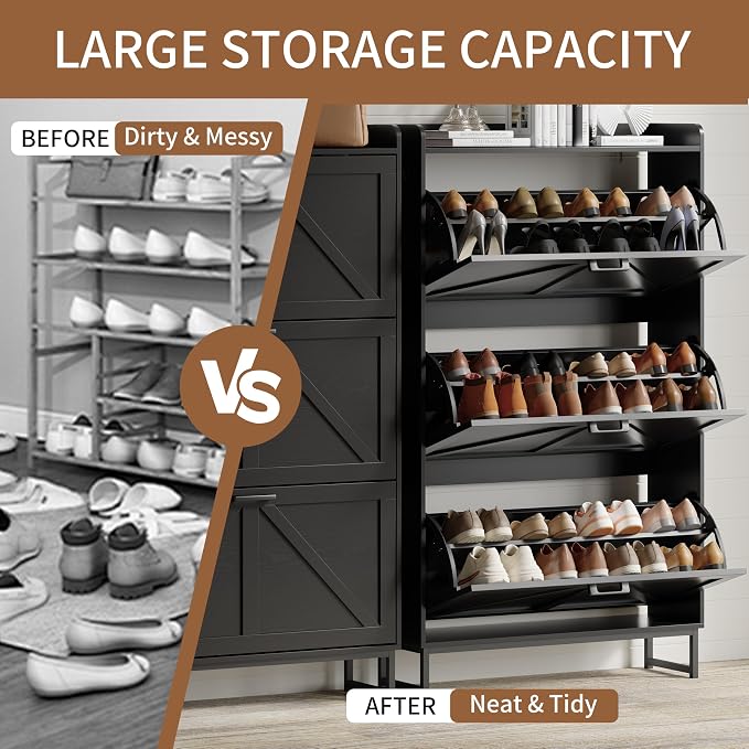 Xixini Shoe Storage Cabinet with 3 Flip Drawers, Entryway Shoe Rack, Black | Freestanding Narrow Shoe Storage, Hidden Slim Wood Shoe Organizer, Modern Farmhouse, Open Storage & Hooks for Closet, Hallway