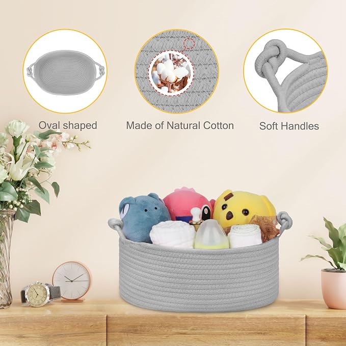 Small Empty Gift Basket with Bag & Ribbons, Cool Gray | 12“x8”x5”, Cotton Rope Woven Basket for Birthdays, Baby Showers, Mother's Day, Christmas; Stores Small Items, Kids & Pet Toys