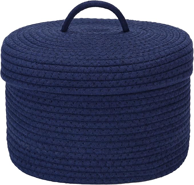 Sea Team Round Storage Basket, Woven Cotton Rope Basket with Lid, Navy | Decorative Knitted Storage Bin, Multi-Purpose Lidded Organizer for Closet Shelves, Nursery and Household Storage