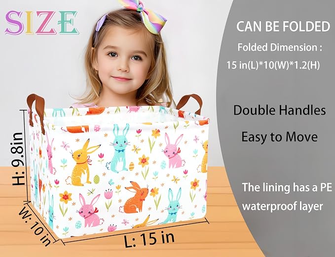 Large Rectangular Easter Baskets Empty Waterproof Boy Toy Box Foldable Kid's Gifts Storage Bin Spring Room Decor(Flower Rabbit Egg)