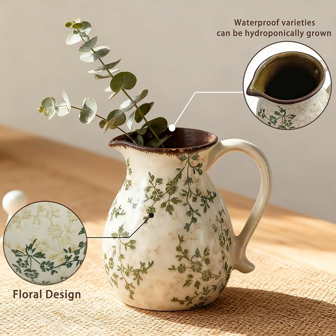 Rustic Ceramic Utensil Holder, 6.1"Farmhouse Cooking Utensil Holder | Utensil Organizer Crock with Handle for Kitchen Counter, Vintage Countertop Home Decor, Flower Pot, Spoon Tool Tray