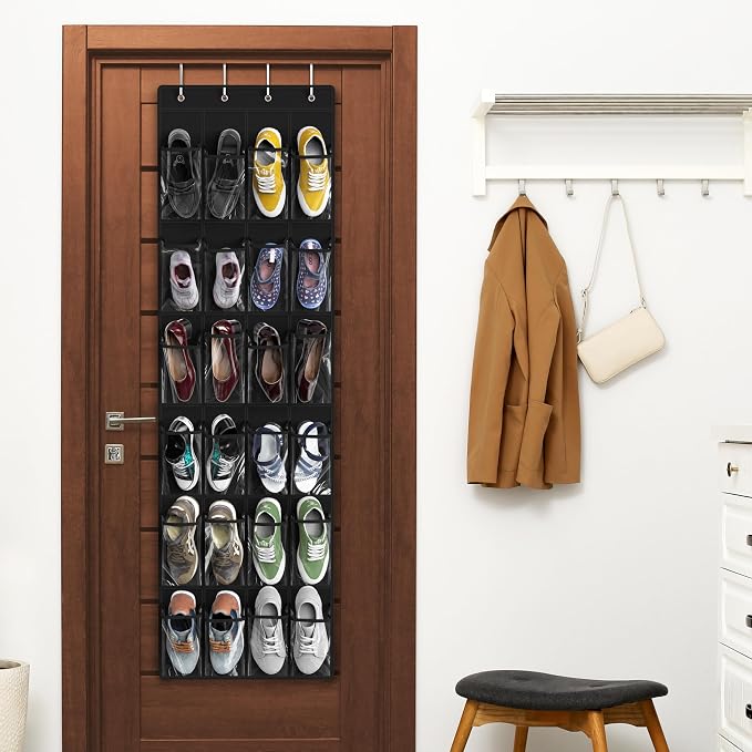 Simple Houseware 24 Pockets Clear Over the Door Shoe Organizer, Black | 64" x 19", 4 Durable Metal Hooks, 4.3" x 9.5" Pocket Size, Multipurpose