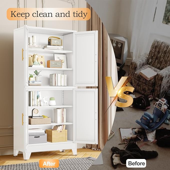 GAIOUS 75.2" Tall Metal Pantry Cabinet,White Kitchen Pantry Storage Cabinet | with 4 Doors and 4 Adjustable Shelves, Steel Storage Cabinets, Freestanding Cupboard for Kitchen Dining Living Room Bathroom