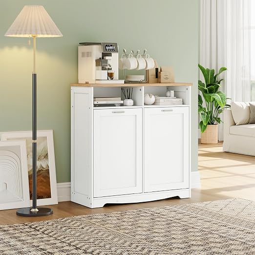 HOOBRO Double Tilt Out Trash Can Cabinet, 20 Gallon Kitchen Trash Bin Cabinet, Hidden Trash Storage with Open Compartments, Hidden Laundry Hamper, for Kitchen, Laundry, White and Natural WN04LJ01