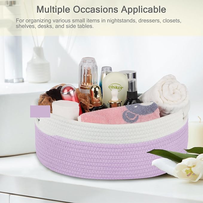 Small Woven Gift Basket with Bag & Ribbons, Purple | Cotton Rope, 13”x 9”x 5.5”, Fits for Kids, Women & Men, Bedroom, Living Room, Nursery & Bathroom Storage, Cat & Dog Toy Boxes