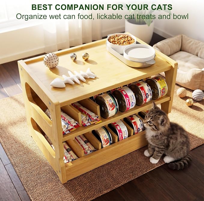 Bamboo Cat Food Can Organizer, Holds 36 (3oz) Cans, Cat Wet Food Storage Rack, Rolling Cat Food Can Dispenser for Pantry