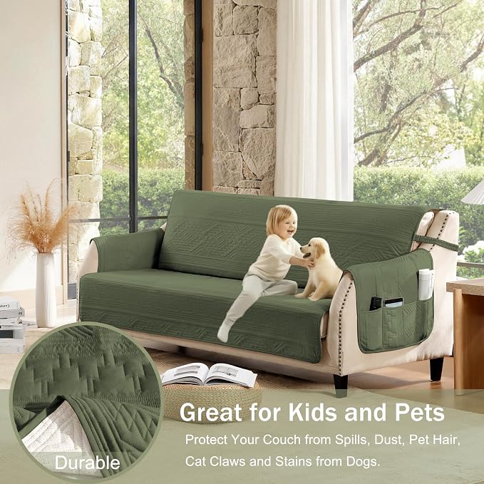 Boho Quilted Recliner Covers, Water-Repellent Recliner Slipcovers, Lazy Boy Chair Covers, Pet Friendly Recliner Cover for Dogs Cats, Washable Furniture Protector (Recliner 22", Olive Green)