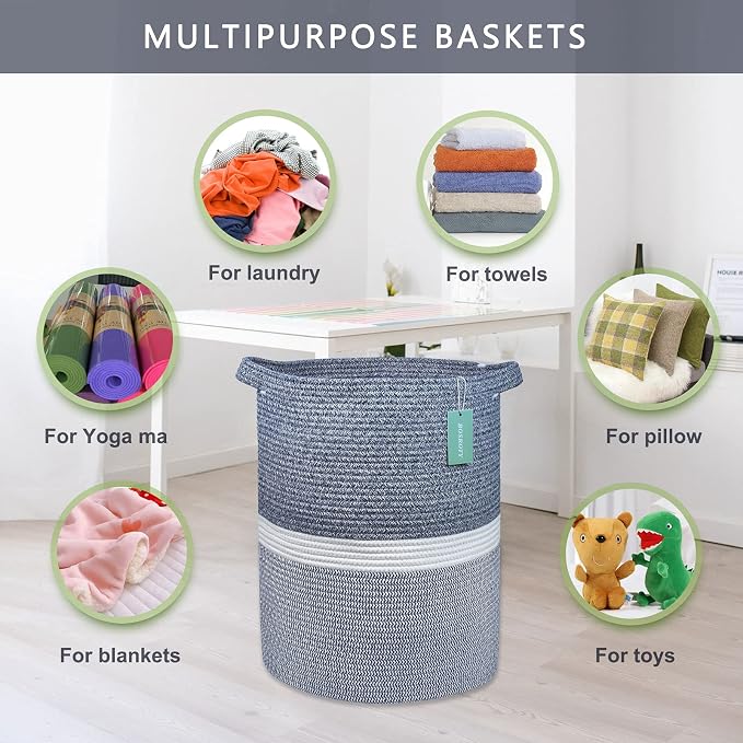 Cotton Rope Blanket Basket, 72L Laundry Hamper, Navy Blue &White