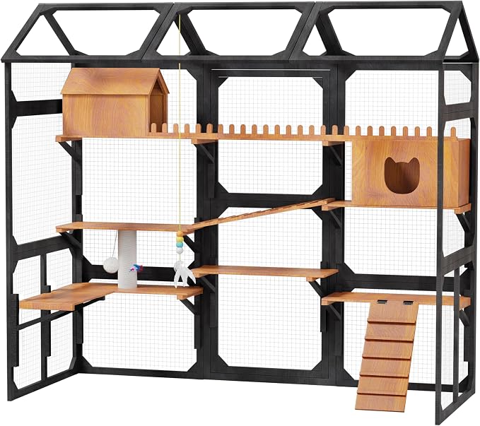 Large Outdoor Cat Enclosure Wooden Catio with Multi-Level Play Platforms, Climbing Ramps, Resting Boxes, Pom-Pom Toys & 2 Plant Stands, Weather-Resistant Roof & Wire Mesh for Backyard Patio, Black