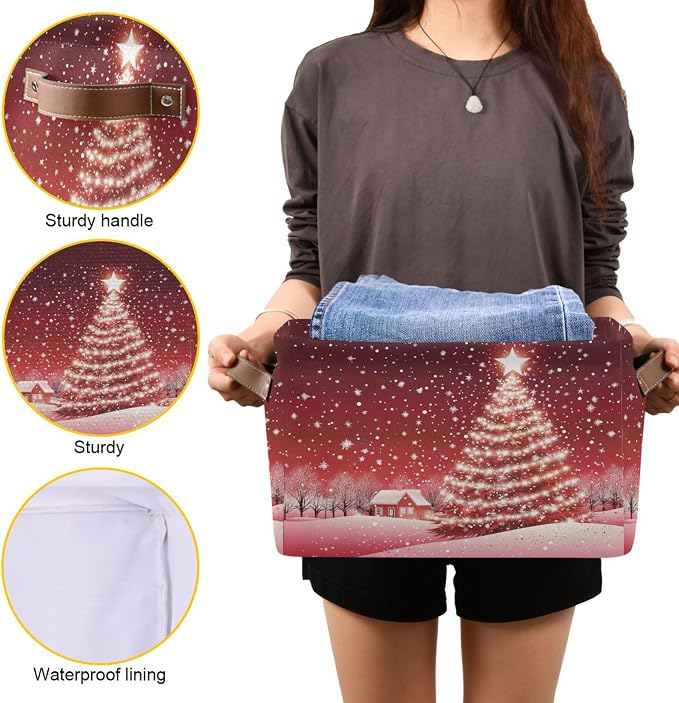 Christmas Tree Red Storage Basket with Waterproof Liner and PU Handles Xmas Winter Snow Scene Storage Bins Boxes 14.2" Collapsible Decorative Organizer Baskets for Bedroom Closet Office 2 Pack