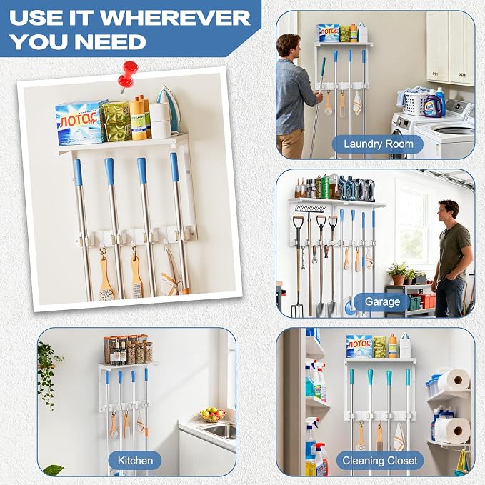 Olakee Broom Holder Wall Mount with Cleaning Supplies Organizer, Laundry Room Organization and Storage Shelves, Mop Hanger Rack with Hooks, Utility Shelf Closet Organizer for Garage Home Improvement