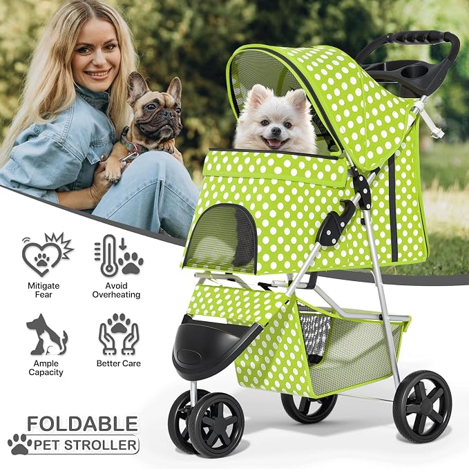 MoNiBloom Pet Stroller for Small/Medium Dogs and Cats, Lawn Green | Foldable Dog Stroller 3 Wheels Pet Strolling Cart w/ Storage Basket Cup Holder, Breathable and Visible Mesh for All-Season