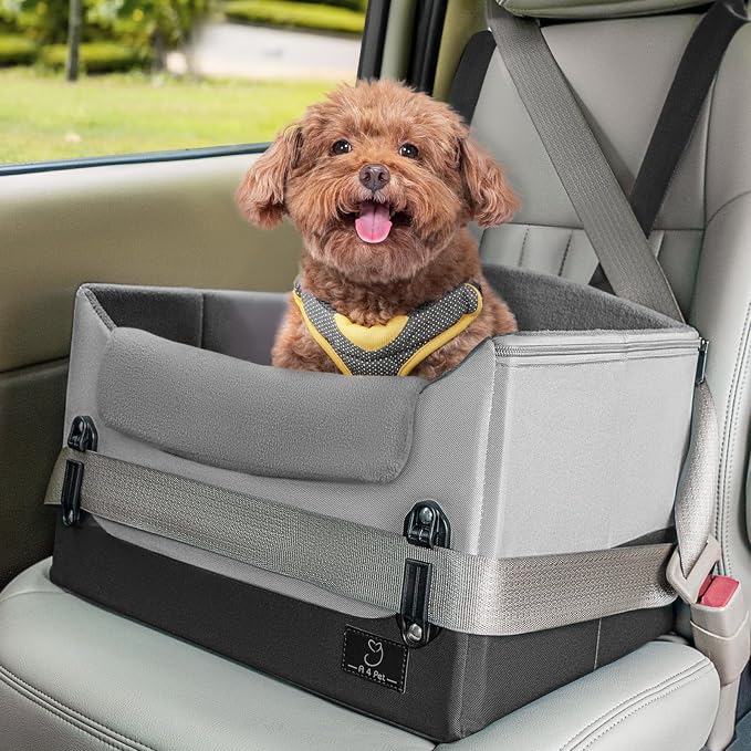 A 4 Pet Dog Car Seats for Small Dogs, Under 25 lbs, Patent Buckles | Adjustable leash, frame support, reduces anxiety, for cars/SUV/pickup