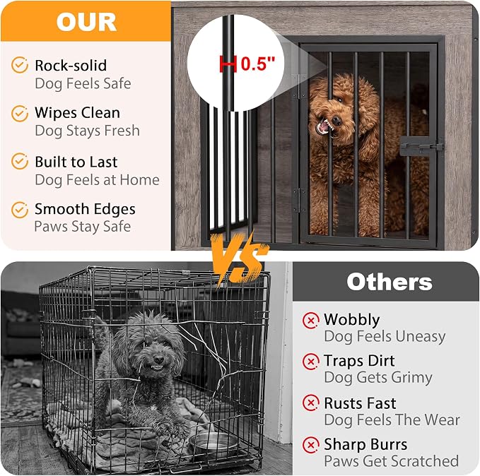 EasyCom 55" Wooden Double Dog Crate Furniture, Removable Divider, Oak Grey | Raised Legs, For 1–2 Small to Medium Dogs, Multiuse TV, Plant & Display Stand