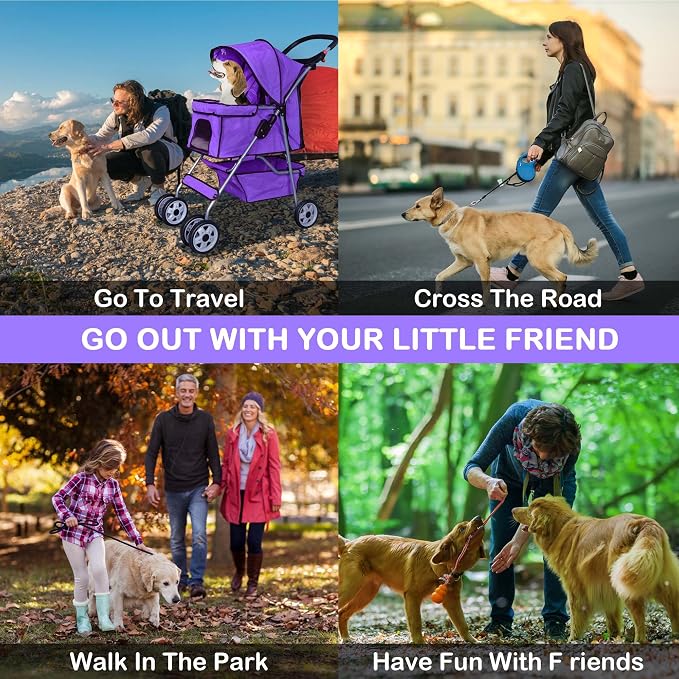Pet Stroller,4 Wheels Dog Stroller with Storage Basket,Compact Portable Folding Carrier for Travel,Camping,Dog Carrier for Small Medium Dogs Or Cats,Lightweight Waterproof Pet Stroller,Purple