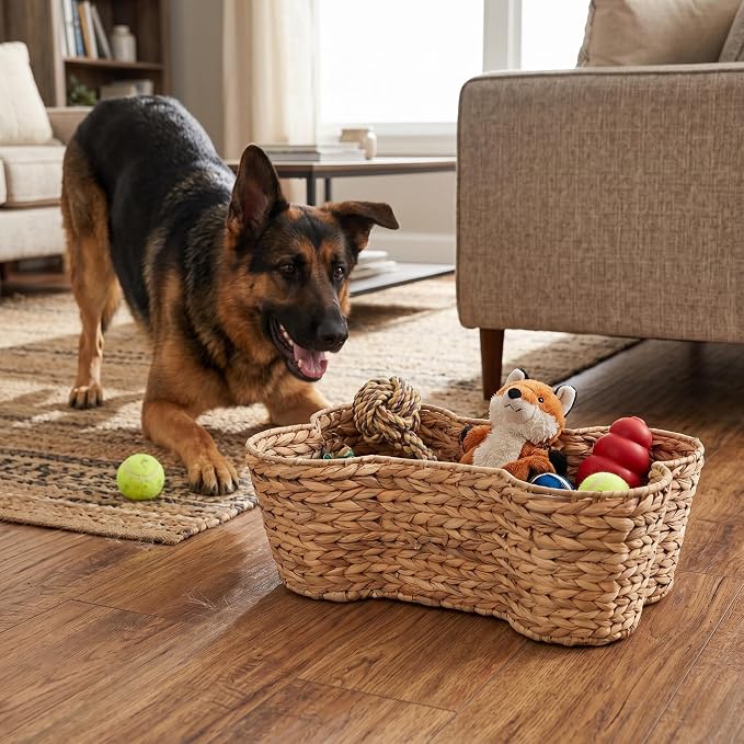 OtterPets Dog Toy Basket, Hyacinth Bone Shaped Dog Toy Bin, 23" x15” | Handmade dog toy box, dog toy storage, dog basket, basket for dog toys, dog storage, Large 23 x 15 in
