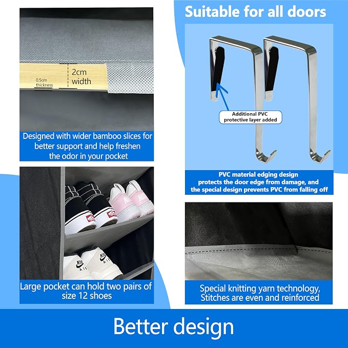 10 Tiers Shoe Organizer for Closet, 20 to 30 Pairs Shoe Rack Door | Extra Deep Pockets Over the Door Shoe Organizer for Dorm and Back Door, Heavy Duty Anti-Scrath Hanging Hooks Shoe Storage