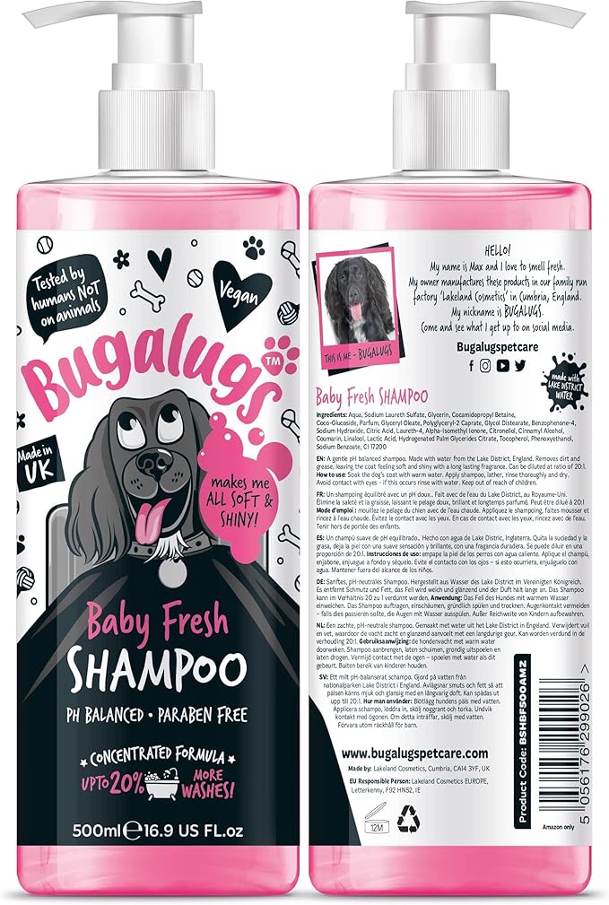 BUGALUGS Baby Fresh Dog Shampoo 16.85 FL Oz - Grooming Product for Smelly Dogs with Baby Powder Scent - Best Puppy Shampoo, Conditioner, Vegan and Professional Pet Shampoo