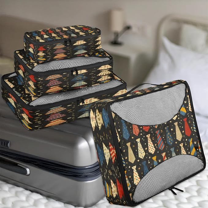 4 Set Packing Cubes for Travel, Happy Father's Day Packing Cubes for Women, Travel Luggage Packing Organizers, Packing Cube Set, Cute Necktie