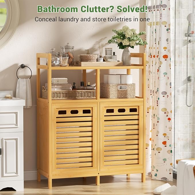 Homykic Tilt Out Laundry Hamper Cabinet, Bamboo Laundry Basket Organizer | 20 Gal Laundry Sorter with 2 Removable Liner Bags, Hidden Clothes Hamper with Shelf for Laundry Room, Bathroom, Closet