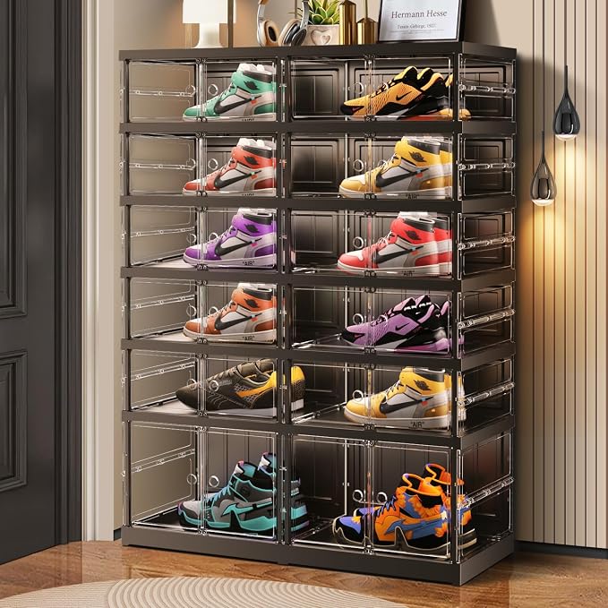 CIMLORD 6-Tier Foldable Shoe Rack, Magnetic Clear Doors, 24 Pairs, Black | Collapsible Large Plastic Shoe Cabinet, Stackable, Lidded, Tool-Free Assembly, Fits Boots & Sneakers, Closet & Entryway