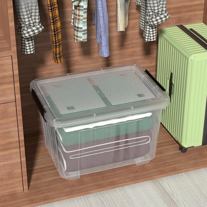 50 Quart Large Clear Plastic Storage Bins with Lids, 4 Packs | Stackable Plastic Organization Boxes with Wheels