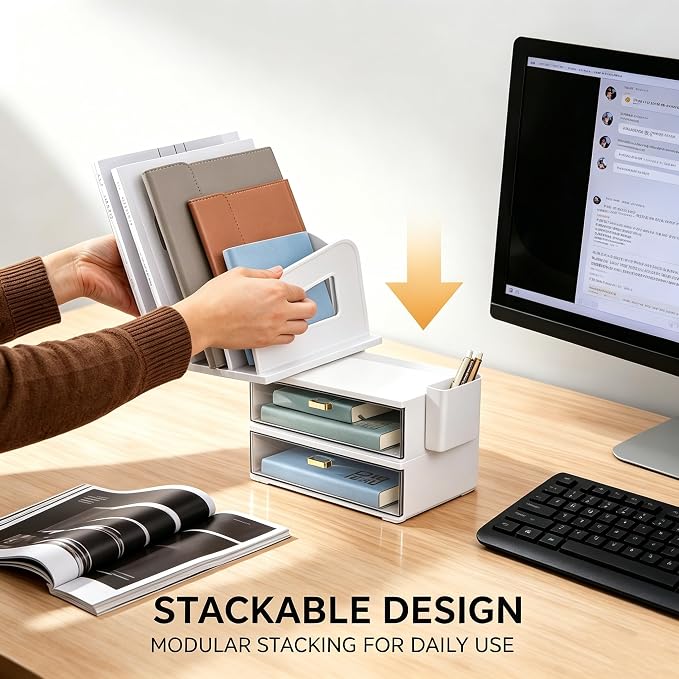 CiWiVOKi Desk Organizer with 4 File Slots and 2 Drawers, White | Desktop organizer with dual pen holders for storing files, mail, notebooks and office supplies in home or office use