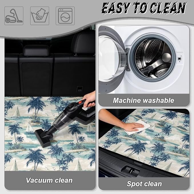 Palm Tree Print Washable Universal Cargo Liner 29" x 39", All Weather Non Slip Car Trunk Mat for SUV Truck, Durable Pet Friendly Blue Rear Cargo Protection