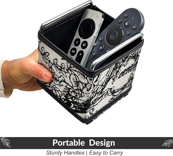 Leather Remote Control Holder - TV Remote Organizer Bedside Tapestry Caddy | No-assembly sturdy remote organizer in textured tapestry jacquard & leather. Randomly cut jungle pattern (no two are alike).