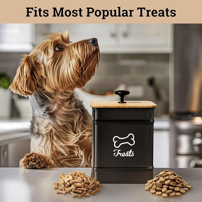 Dog Treat Container with Airtight Bamboo Lid, 5"W x 7"H, 7 Cup Capacity | Fits Most Popular Treats, 7 Cups Capacity, Airtight Bamboo Lid, Easy Open Metal Lid Handle, Dent-Resistant Durable Metal