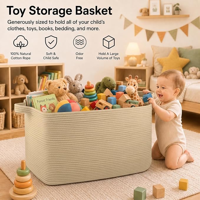 OIASKET 118L Extra Large Blanket Basket Living Room, 24.8"x17.7"x16.2" | Woven Rope Baskets for Storage, Nursery Blanket Storage for Living Room, Toy Basket with Handle Organizing Comforter Pillows
