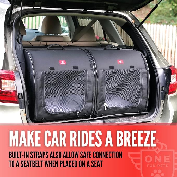 One for Pets Portable 2-in-1 Double Pet Kennel/Shelter, Fabric, Black 20"x20"x39" - Car Seat-Belt Fixture Included