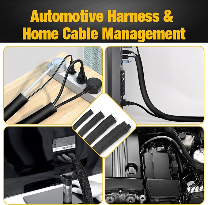118 Inch Braided Wire Loom Cable Management, Self-Wrap Cord Protectors from Pets No Chew,Black Cord Cover Hide Computer Cords On Desk, (1"-10ft)