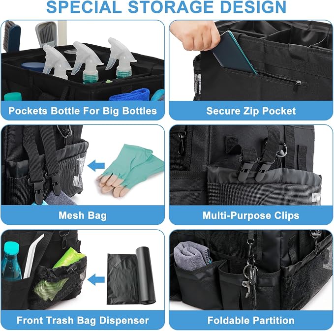 Large Cleaning Caddy Organizer, Adj Straps & Board Dividers | Heavy-duty Waterproof Nylon Fabric, Handle, Removable Divider, Tool Bags for Housekeepers, Car detailing
