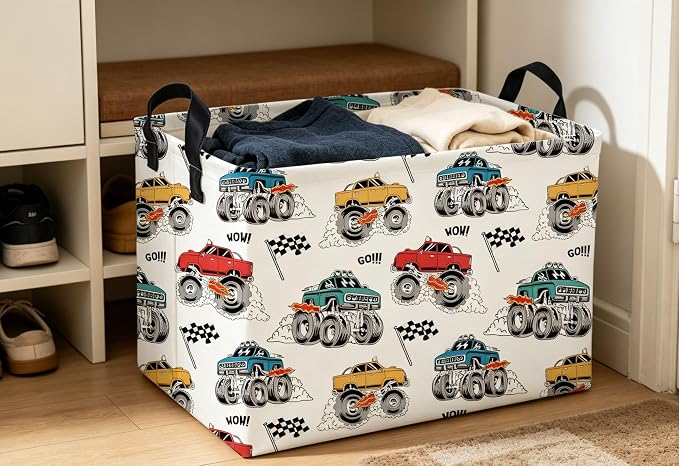 Essme Rectangular Monster Truck Baskets, Car Storage Bins with Handles for Car Decor, Racing Storage Bin（Monster truck）