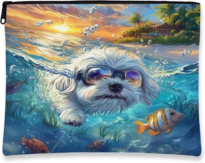 Maltese Dog Makeup Bag, Funny Coastal Beach Ocean Printed Cosmetic Travel Pouch for Women, Pet Portable Small Canvas Zipper Organizer 7x9 Inch