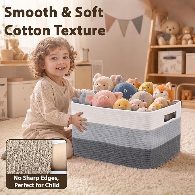 Optish 75L Large Woven Blanket Basket, Storage Basket with Handles | Sturdy Cotton Rope Basket Organizer Blanket, a lot of Toys, Comforter, Pillows, Bedroom, Living Room, Bathroom, Easy to Carry