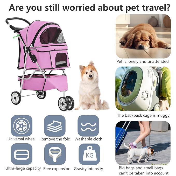 FDW Pet Stroller Foldable Dog Stroller 3-Wheel Durable Cat Jogger Stroller for Small and Medium Dogs Cats with Washable Liner Storage Basket Cup Holder,Pink