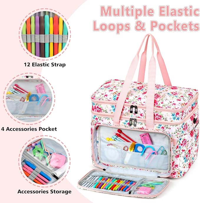 Crochet Organizer Bag with Yarn Holder, Large Yarn Storage for Accessories | 3PCS Crochet Knitting Bag with Accessory Pouch for Hooks, Needles, Travel Tote, Crochet Lovers, Gift for Crafters, No-Tangle